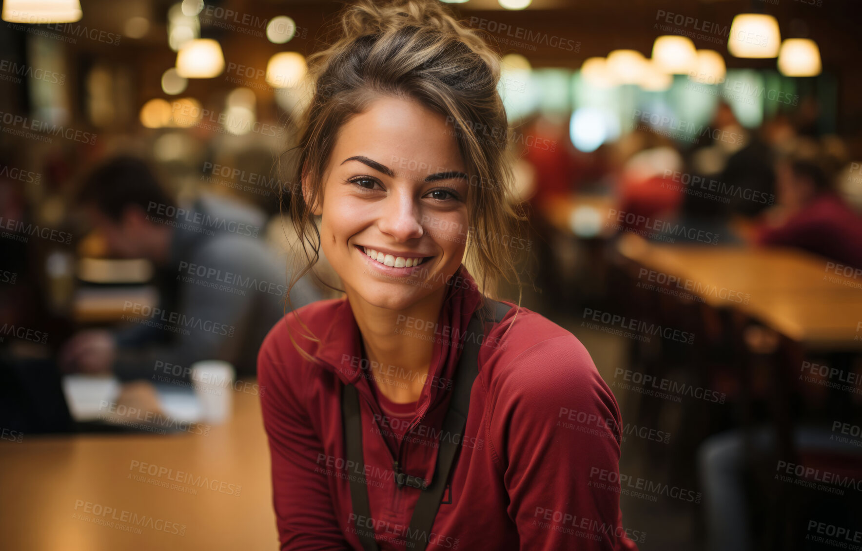 Buy stock photo Happy woman, worker and portrait with smile for management, small business or casino staff. Positive, confident and proud person for retail, restaurant and service industry with evening lights