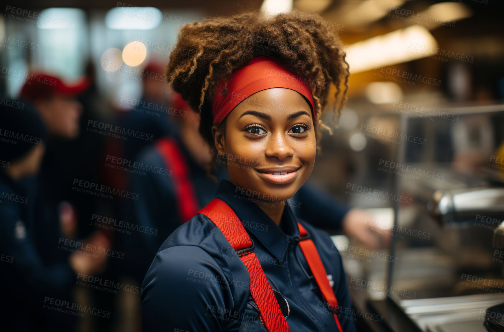 Buy stock photo Happy woman, worker and portrait with smile for management, small business or casino staff. Positive, confident and proud person for retail, restaurant and service industry with evening lights