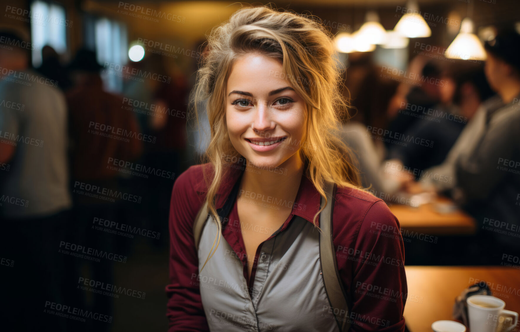 Buy stock photo Happy woman, worker and portrait with smile for management, small business or casino staff. Positive, confident and proud person for retail, restaurant and service industry with evening lights