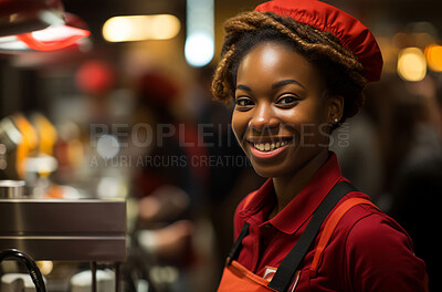 Happy, african american woman and portrait with smile for management, leadership or business. Positive, confident and proud for kitchen, restaurant and customer service with counter and busy background