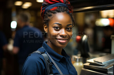 Happy, african american woman and portrait with smile for management, leadership or business. Positive, confident and proud for kitchen, restaurant and customer service with counter and busy background