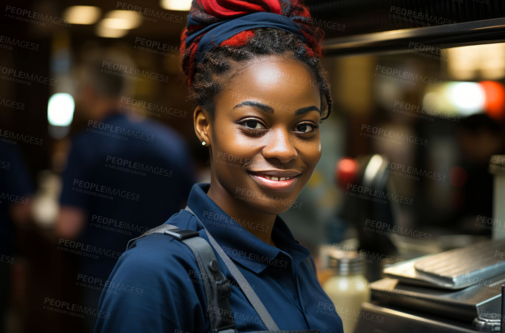 Buy stock photo Happy, african american woman and portrait with smile for management, leadership or business. Positive, confident and proud for kitchen, restaurant and customer service with counter and busy background