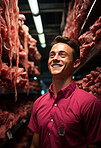 Happy, man and portrait with smile for management, leadership or business. Positive, confident and proud for food, restaurant and meat production in big refrigerator with fresh protein products