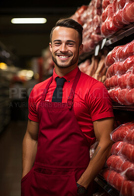 Happy, man and portrait with smile for management, leadership or business. Positive, confident and proud for butchery, restaurant and meat production in big refrigerator with fresh meat products