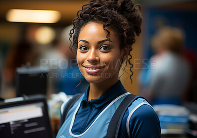 Happy, african american woman and portrait with smile for management, leadership or business. Positive, confident and proud for kitchen, restaurant and customer service with counter and cash register