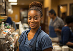 Happy woman, cashier and portrait with smile for management, small business or restaurant. Positive, confident and proud for retail, grocery store and service industry with production and counter.