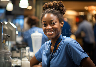 Happy woman, cashier and portrait with smile for management, small business or restaurant. Positive, confident and proud for retail, grocery store and service industry with coffee machine and counter.