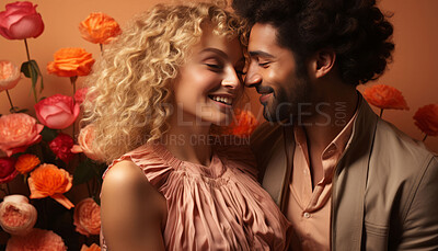 Interracial couple, romance and together for portrait, love or anniversary. Background, hug and bonding for valentines day, relationship and engagement with beautiful creative arrangement and smiles