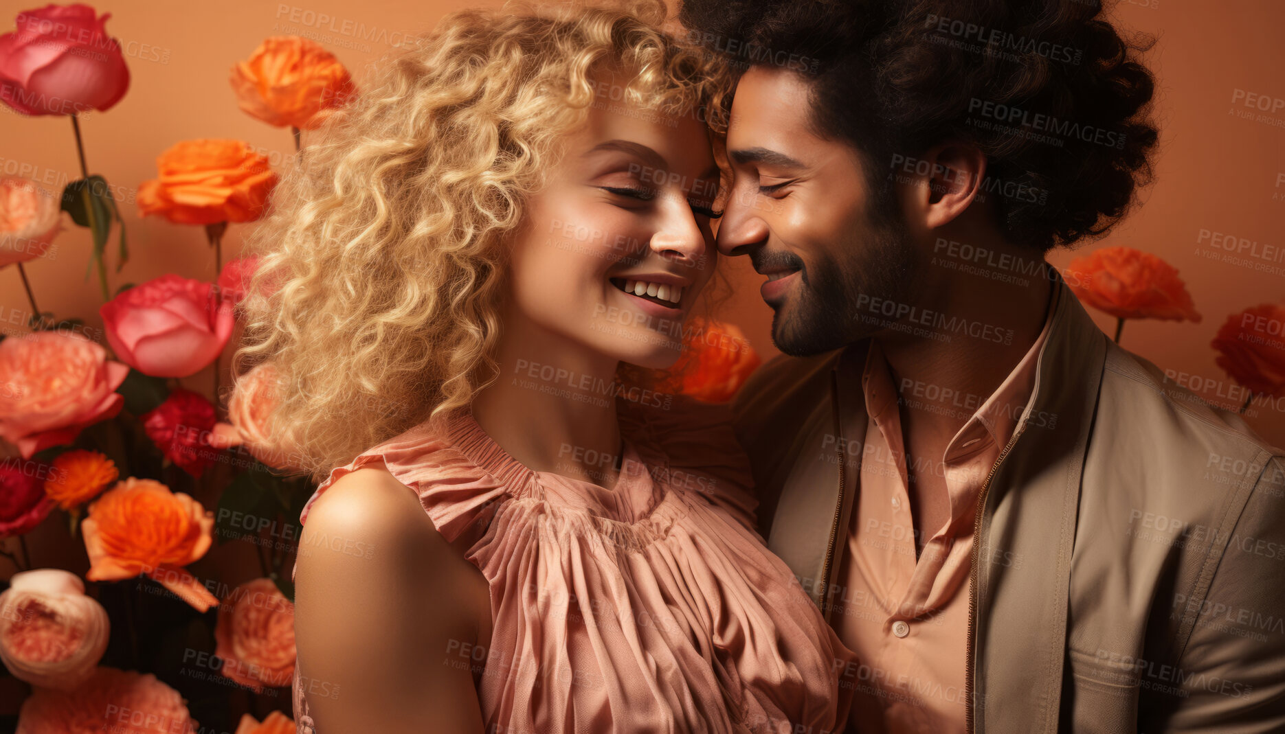 Buy stock photo Interracial couple, romance and together for portrait, love or anniversary. Background, hug and bonding for valentines day, relationship and engagement with beautiful creative arrangement and smiles