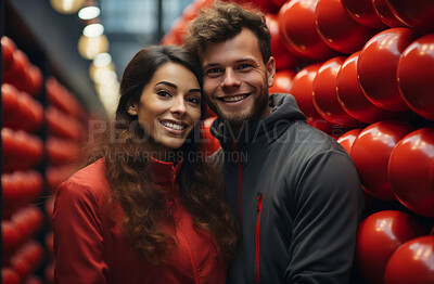 Buy stock photo Couple, romance and together for portrait, love or anniversary. Background, use hug and people for valentines day, relationship and engagement with beautiful creative arrangement and smiles.