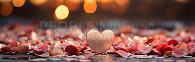 Buy stock photo Heart shapes, confetti and background for celebration, love or decoration. Background, abstract and banner for valentines day, relationship and engagement with beautiful romantic colours and bokeh
