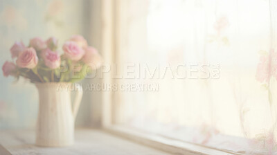 Buy stock photo Fresh roses, vase and window for celebration, love or decoration. Background, mock up and space for valentines day, relationship and engagement with beautiful flower arrangement and colour.