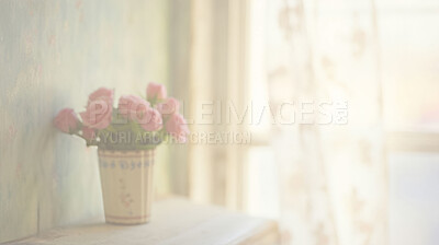Buy stock photo Fresh roses, vase and window for celebration, love or decoration. Background, mock up and space for valentines day, relationship and engagement with beautiful flower arrangement and colour.