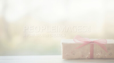 Buy stock photo Gift box, background and window for celebration, love or decoration. Ribbon, mock up and space for valentines day, relationship and engagement with beautiful floral wrapping and soft colour.
