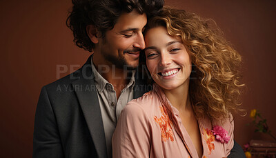 Buy stock photo Couple, romance and together for portrait, love or anniversary. Background, use hug and people for valentines day, relationship and engagement with beautiful creative arrangement and smiles.