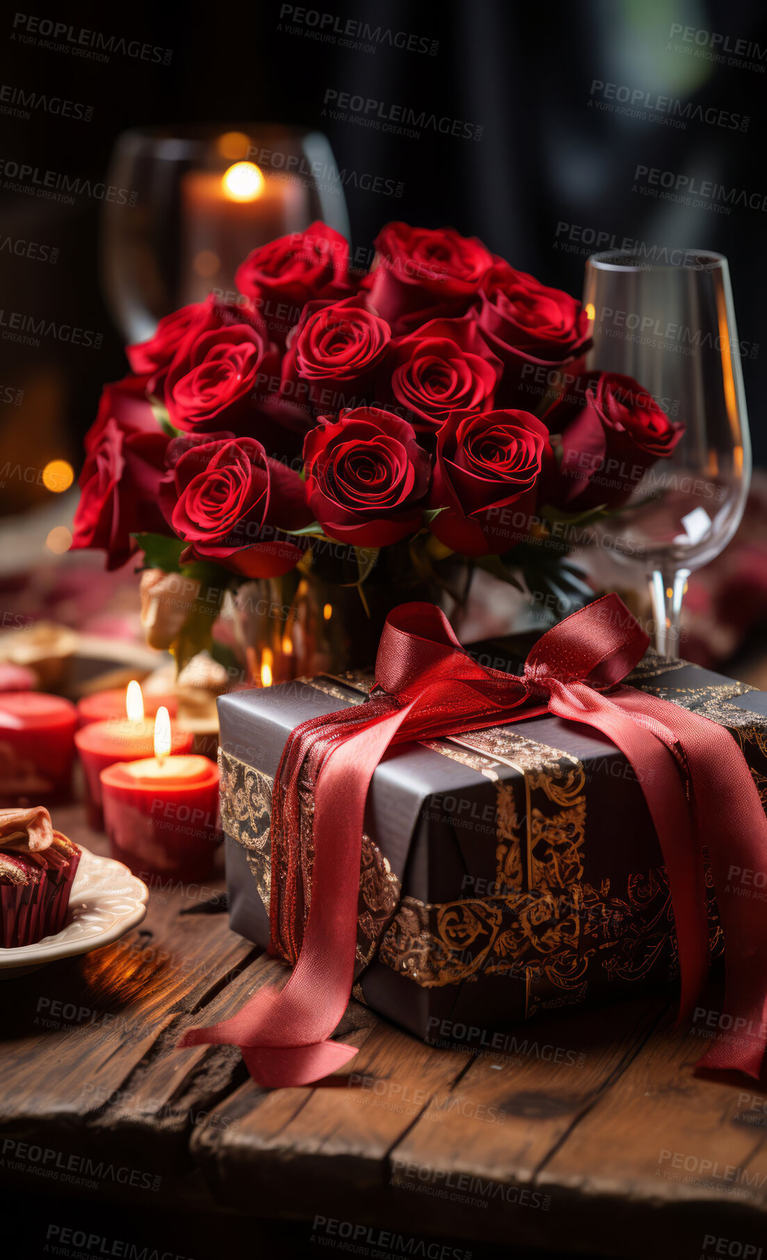 Buy stock photo Roses, gift box and candles for celebration, love or decoration. Creative, abstract and concept for valentines day, relationship and engagement with and beautiful flower arrangement a colour.