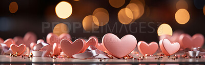Buy stock photo Heart shapes, confetti and background for celebration, love or decoration. Background, abstract and banner for valentines day, relationship and engagement with beautiful romantic colours and bokeh