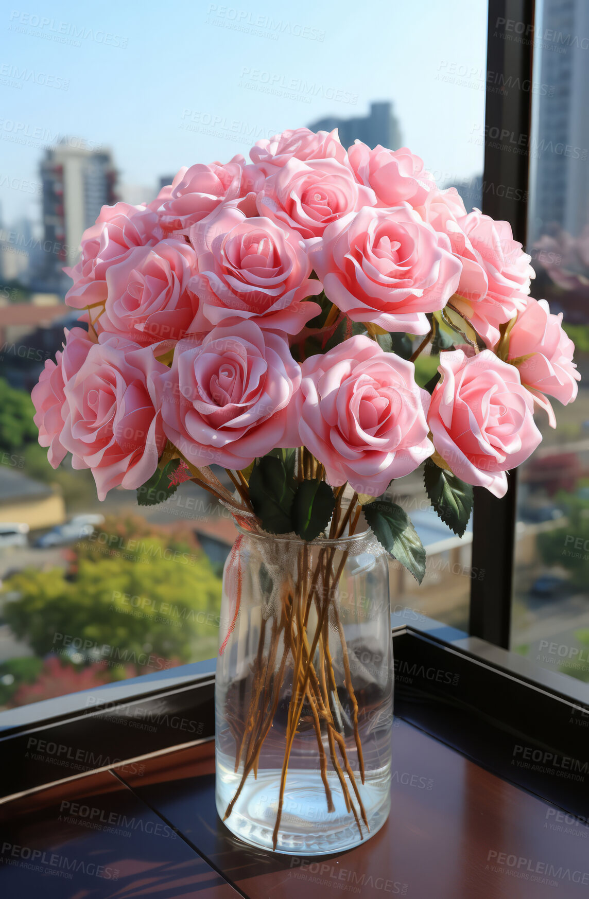 Buy stock photo Roses, glass vase and window for celebration, love or decoration. Background, plant and growth for valentines day, relationship and engagement with beautiful flower arrangement and vibrant colour.