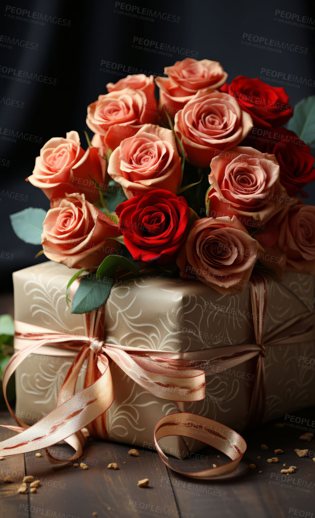 Buy stock photo Roses, gift box and background for celebration, love or decoration. Creative, plant and growth for valentines day, relationship and engagement with and beautiful flower arrangement a colour.