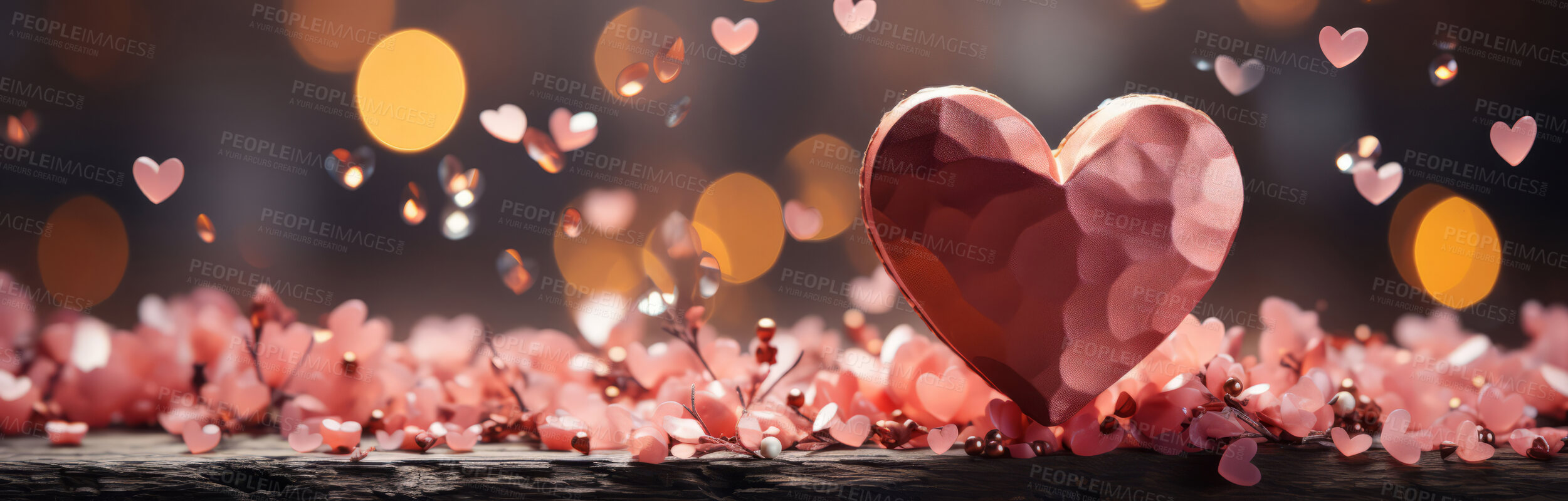 Buy stock photo Heart, confetti and background for celebration, love or decoration. Background, abstract and banner for valentines day, relationship and engagement with beautiful romantic colours and bokeh