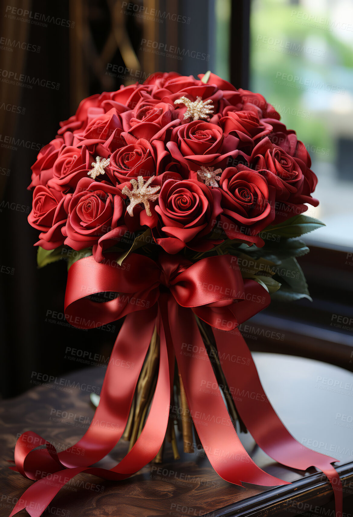 Buy stock photo Roses, glass vase and window for celebration, love or decoration. Background, plant and growth for valentines day, relationship and engagement with beautiful flower arrangement and colour.