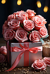 Roses, gift box and bouquet for celebration, love or decoration. Background, plant and growth for valentines day, relationship and engagement with beautiful flower arrangement and vibrant colour.