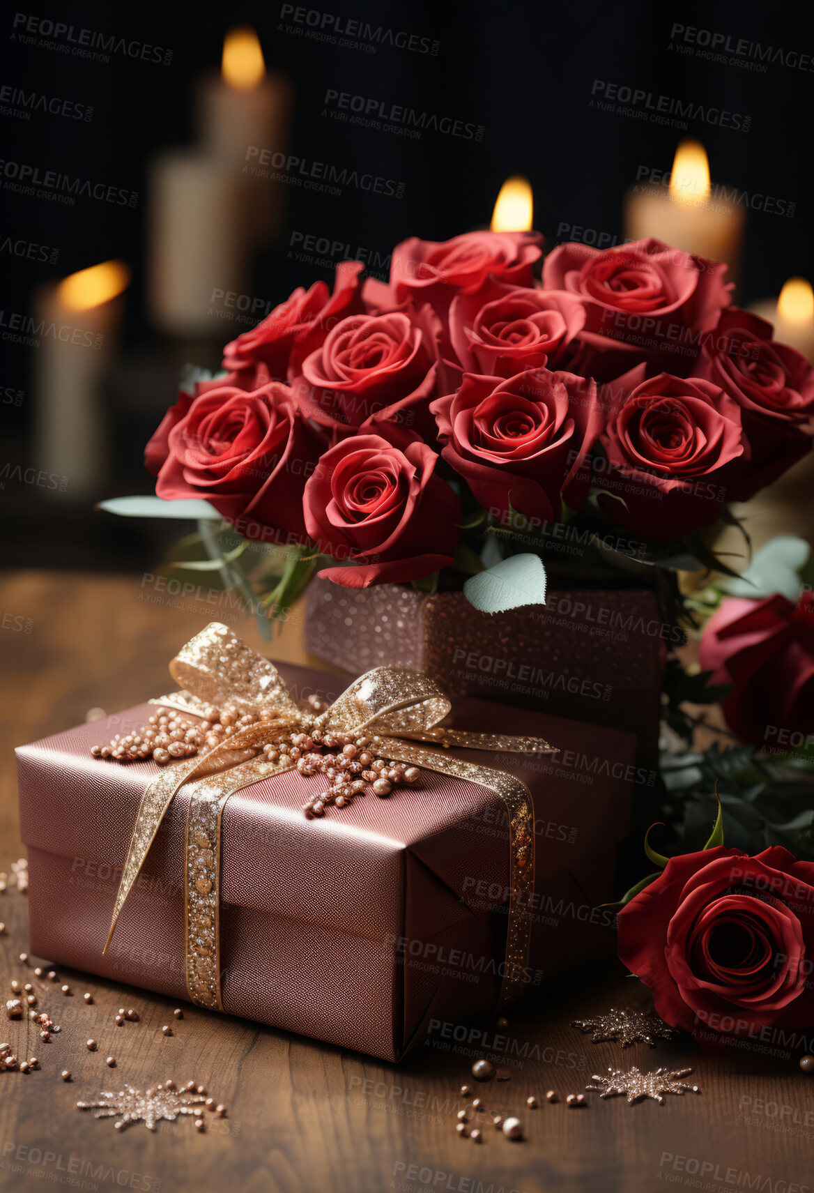 Buy stock photo Roses, gift box and bouquet for celebration, love or decoration. Background, plant and growth for valentines day, relationship and engagement with beautiful flower arrangement and vibrant colour.