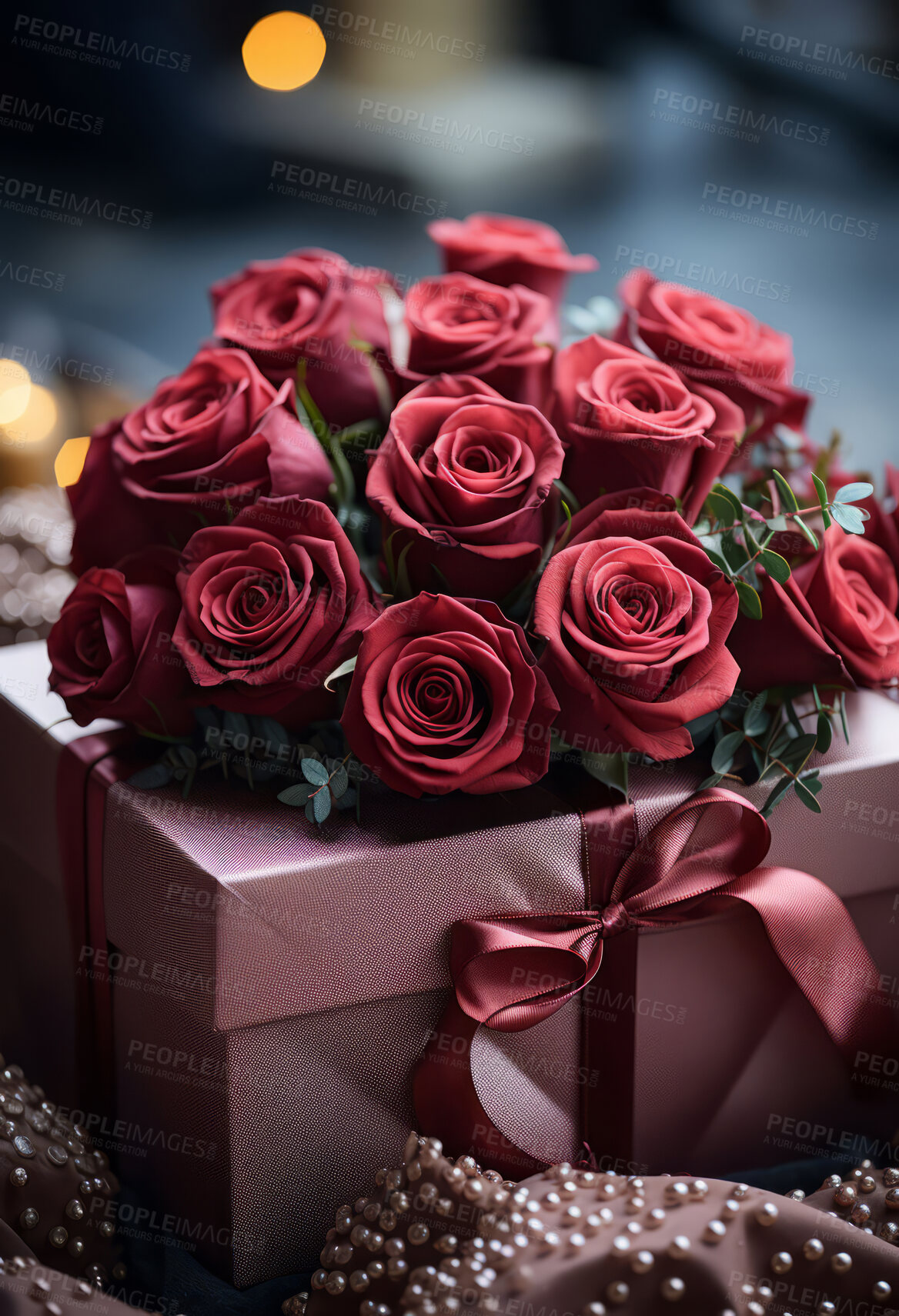 Buy stock photo Roses, gift box and bouquet for celebration, love or decoration. Background, plant and growth for valentines day, relationship and engagement with beautiful flower arrangement and vibrant colour.