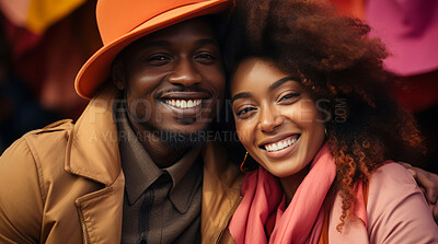 Buy stock photo Couple, romance and together for portrait, love or anniversary. Background, abstract and concept for valentines day, relationship and engagement with beautiful creative arrangement and smiles.