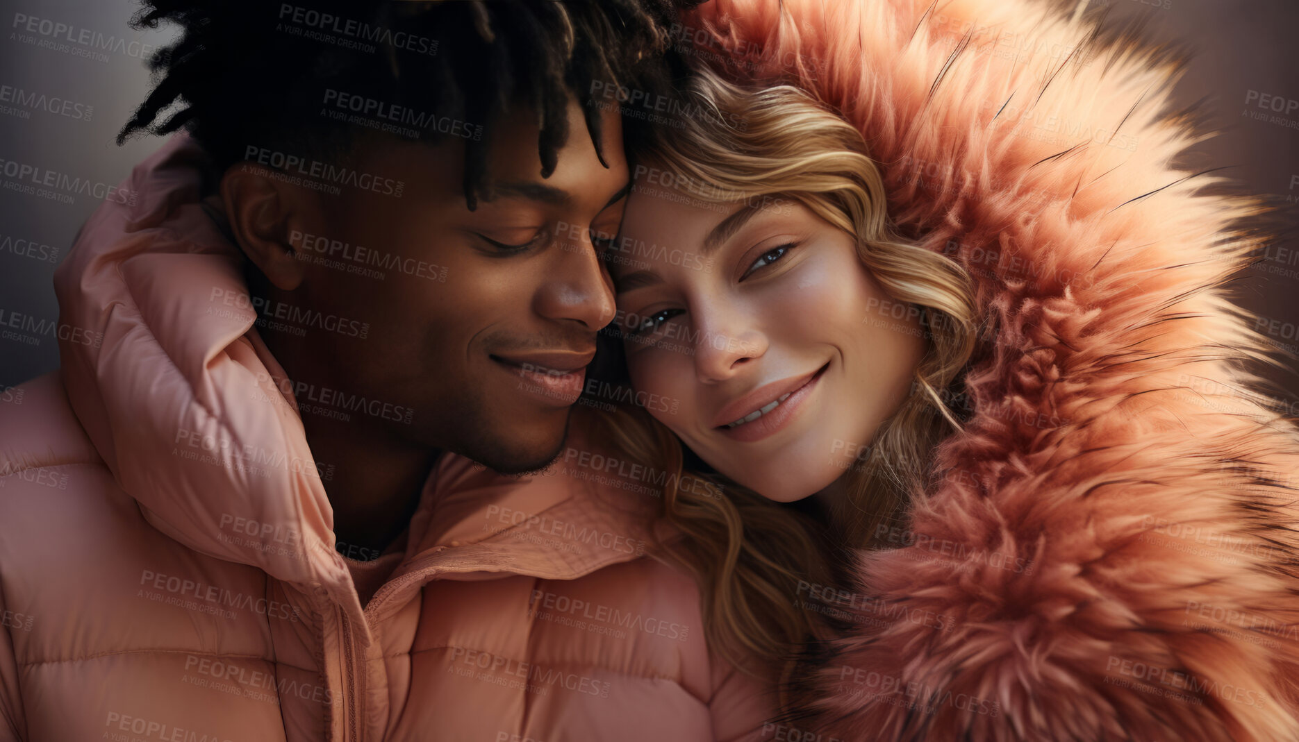 Buy stock photo Interracial couple, romance and together for portrait, love or anniversary. Background, hug and bonding for valentines day, relationship and engagement with beautiful creative arrangement and smiles