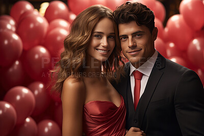Buy stock photo Couple, balloon and together for portrait, love or anniversary. Background, abstract and concept for valentines day, relationship and engagement with beautiful creative arrangement and colour.