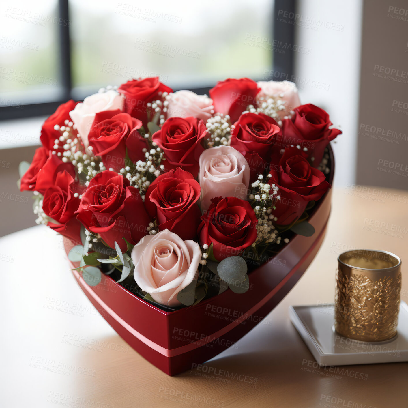 Buy stock photo Roses, gift box and bouquet for celebration, love or decoration. Background, plant and growth for valentines day, relationship and engagement with beautiful flower arrangement and vibrant colour.