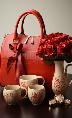 Buy stock photo Roses, red bag and bouquet for celebration, love or decoration. Background, abstract and plant growth for valentines day, relationship and engagement with beautiful flower arrangement and colour.