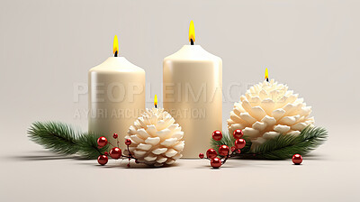 Christmas, celebration and candle decor illustration on white background for holiday dinner party, decoration or invitation. Beautiful, creative and festive mockup for poster art and design element