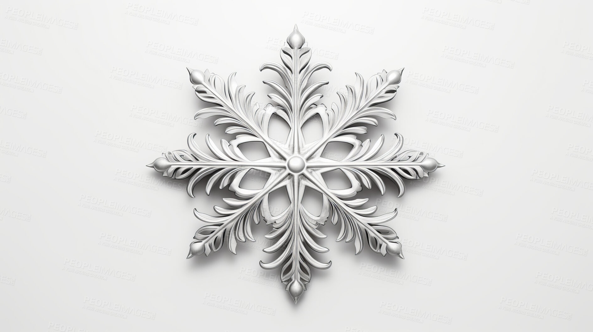 Buy stock photo Christmas, celebration or silver snowflake decor illustration on white background for holiday party, decoration or invitation. Beautiful, creative and festive mockup for poster art or design element