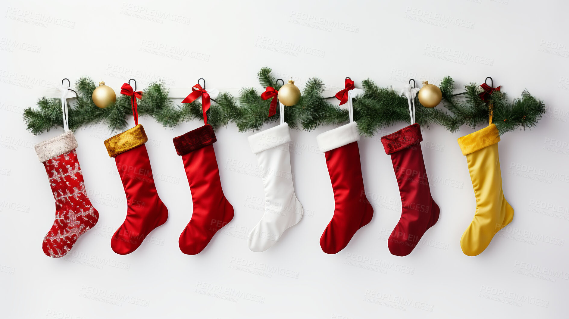 Buy stock photo Christmas, celebration or stockings decor illustration on a white background for holiday party, decoration or invitation. Beautiful, creative and festive mockup for poster art or design element