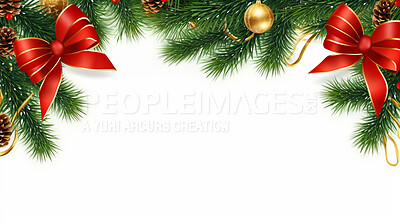 Christmas, celebration and garland decor border on a white background for holiday party, decoration and invitation. Beautiful, creative and festive mockup for poster art, design element and xmas bow