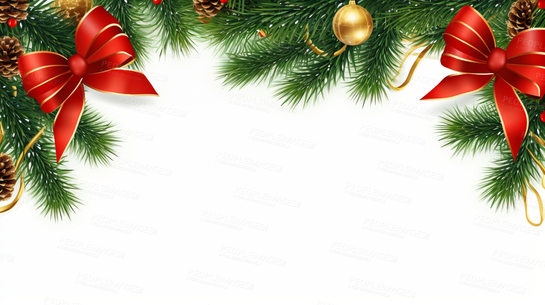 Buy stock photo Christmas, celebration and garland decor border on a white background for holiday party, decoration and invitation. Beautiful, creative and festive mockup for poster art, design element and xmas bow