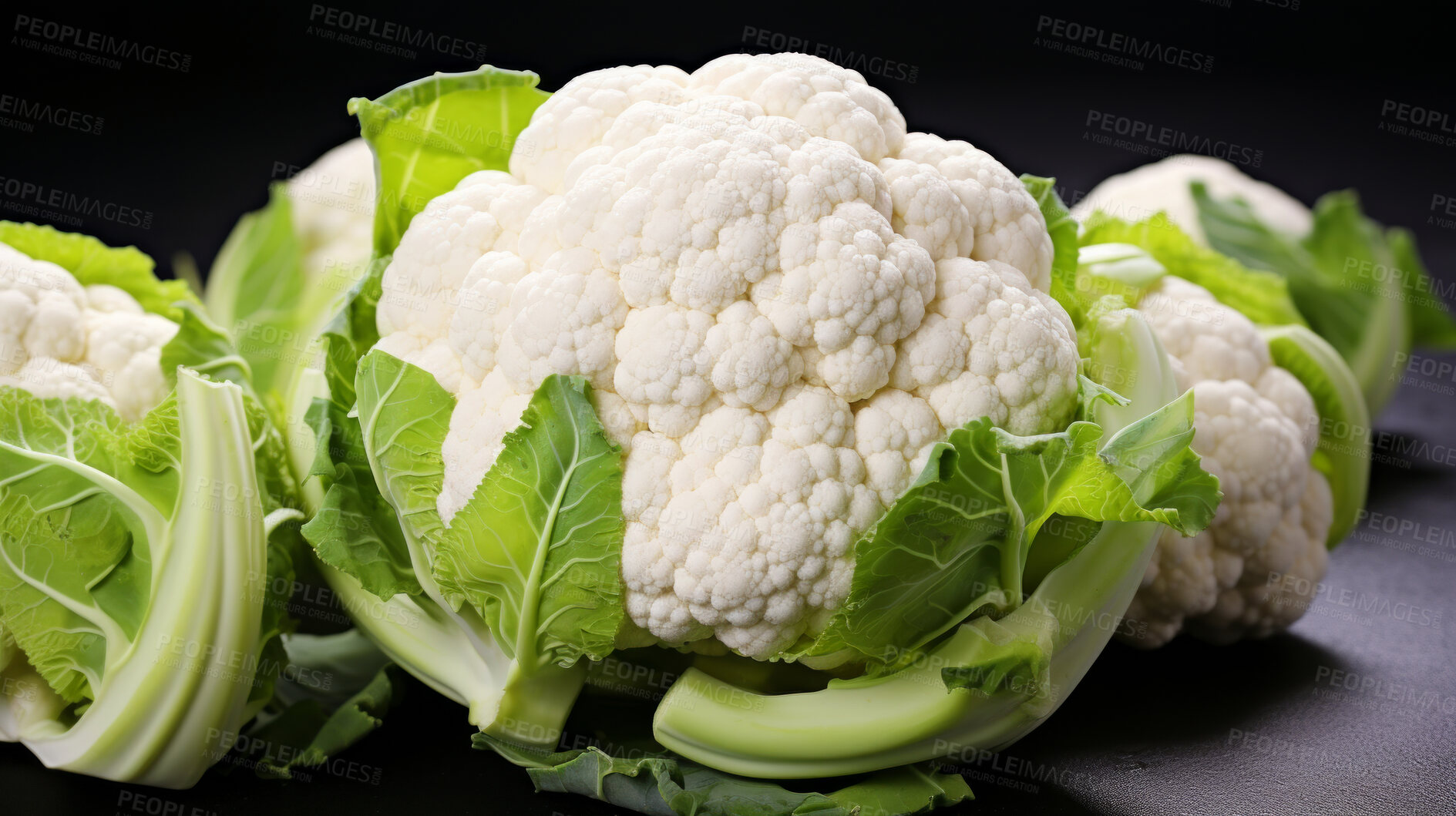 Buy stock photo Healthy, natural and cauliflower background in studio for farming, organic produce and lifestyle. Fresh, summer food and health meal closeup for eco farm market, fibre diet and vegetable agriculture