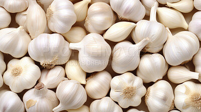 Healthy, natural and garlic root background in studio for farming, organic produce and lifestyle. Fresh, summer food and health meal closeup for eco farm market, fibre diet and vegetable agriculture