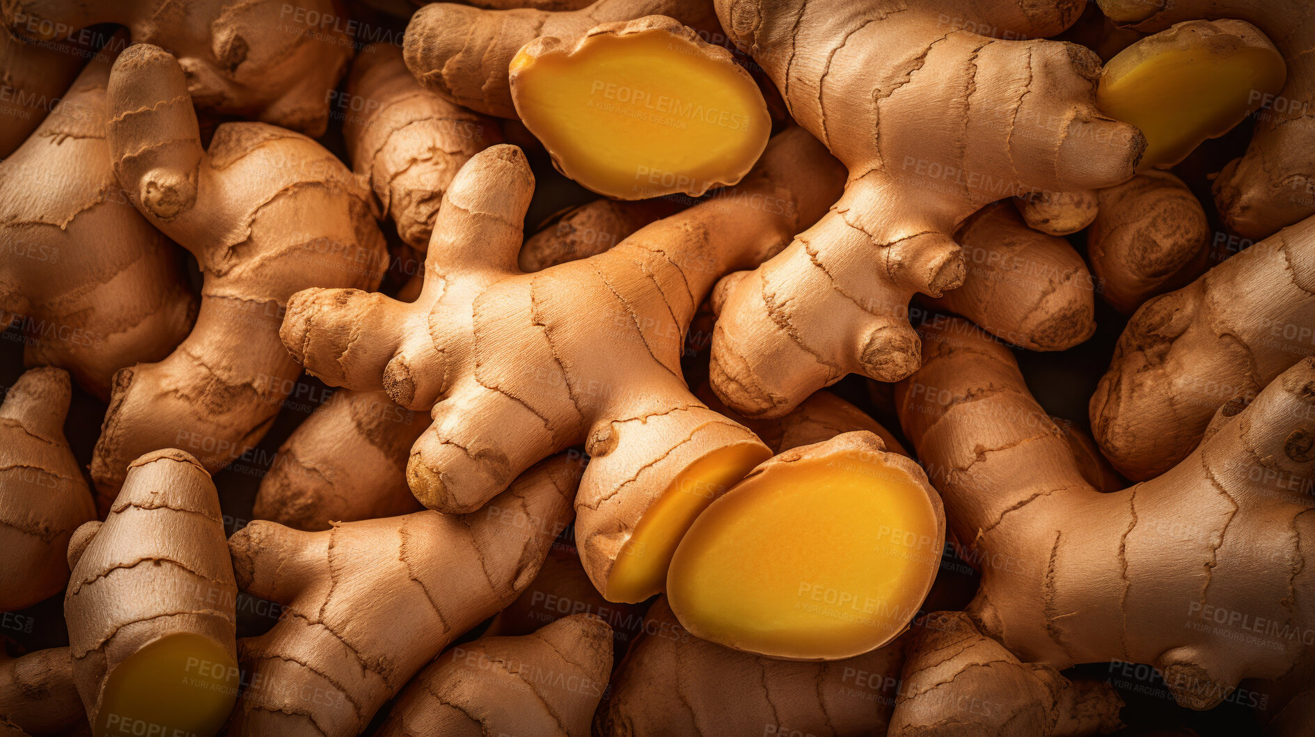 Buy stock photo Healthy, natural and ginger root background in studio for farming, organic produce and lifestyle. Fresh, summer food and health meal closeup for eco farm market, fibre diet and vegetable agriculture