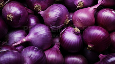 Healthy, natural and purple onion background in studio for farming, organic produce and lifestyle. Fresh, summer food and health meal closeup for eco farm market, fibre diet and vegetable agriculture