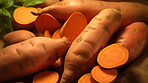 Healthy, natural and sweet potato background in studio for farming, organic produce and lifestyle. Fresh, summer food and health meal closeup for eco farm market, fibre diet and vegetable agriculture