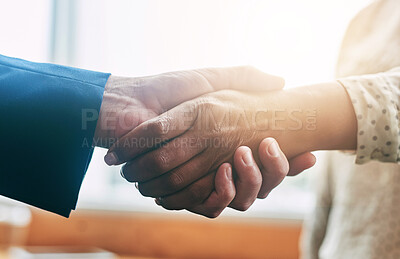 Buy stock photo Closeup shot of two unrecognisable businesspeople shaking hands in an office