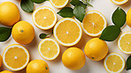 Fruit, lemon and healthy food in studio for vegan diet, snack and vitamins. Mockup, white background and flatlay of organic, fresh and natural agriculture  produce for vegetarian nutrition.