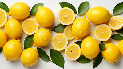 Buy stock photo Fruit, lemon and healthy food in studio for vegan diet, snack and vitamins. Mockup, white background and flatlay of organic, fresh and natural agriculture  produce for vegetarian nutrition.