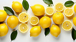 Fruit, lemon and healthy food in studio for vegan diet, snack and vitamins. Mockup, white background and flatlay of organic, fresh and natural agriculture  produce for vegetarian nutrition.