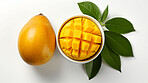 Fruit, mango and healthy food in studio for vegan diet, snack and vitamins. Mockup, white background and flatlay of organic, fresh and natural agriculture  produce for vegetarian nutrition.