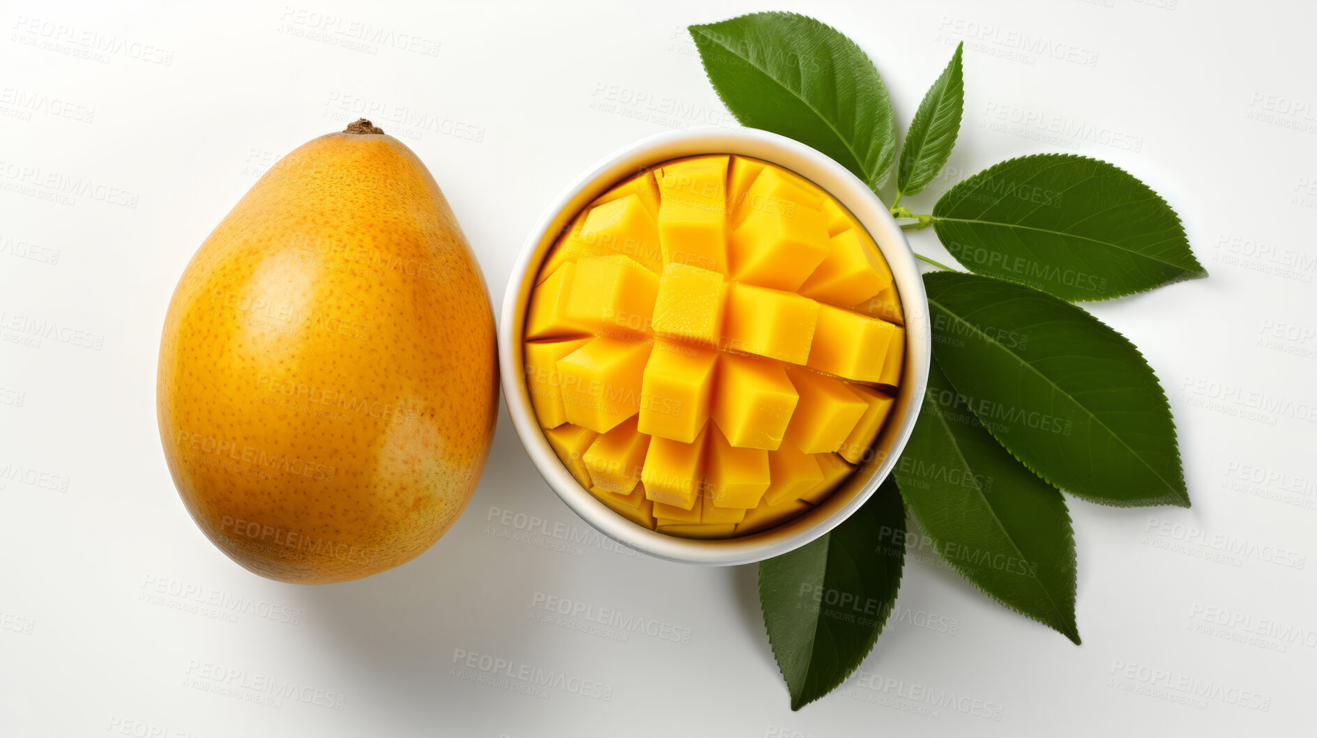 Buy stock photo Fruit, mango and healthy food in studio for vegan diet, snack and vitamins. Mockup, white background and flatlay of organic, fresh and natural agriculture  produce for vegetarian nutrition.