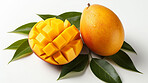 Fruit, mango and healthy food in studio for vegan diet, snack and vitamins. Mockup, white background and flatlay of organic, fresh and natural agriculture  produce for vegetarian nutrition.